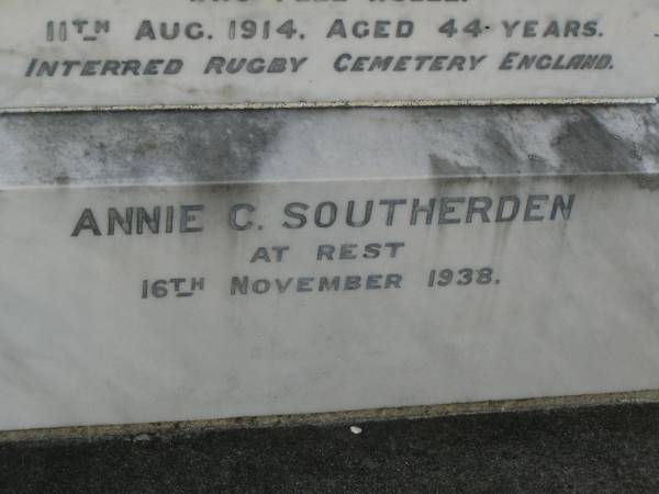 Mary Elizabeth SOUTHERDEN,  | wife of Edward Barton SOUTHERDEN of  | Langholme Sandgate,  | died  Narangba  Friday 20 July 190 aged 67 years;  | Edward Barton SOUTHERDEN,  | born 24 Nov 1830 Isle of Thanet,  | died  Langholme  Sandgate 17 Dec 1906;  | Charles Benjamin,  | son,  | died 18 March 1930 aged 56 years;  | Edward Barton SOUTHERDEN,  | 29 April 1859 - 26 March 1944;  | Frances,  | wife,  | 11 March 1864 - 19 July 1942;  | Dora,  | daughter,  | 15-3-90 - 25-4-71;  | Vera,  | daughter,  | 15-9-88 - 21-7-77;  | Lucy March SOUTHERDEN,  | died Langholme Wed 6 May 1903 aged 46 years;  | Edith Ada,  | sister,  | died 11 Aug 1914 aged 44 years,  | interred Rugby Cemetery England;  | Annie C. SOUTHERDEN,  | died 16 Nov 1938;  | Bald Hills (Sandgate) cemetery, Brisbane  |   | 