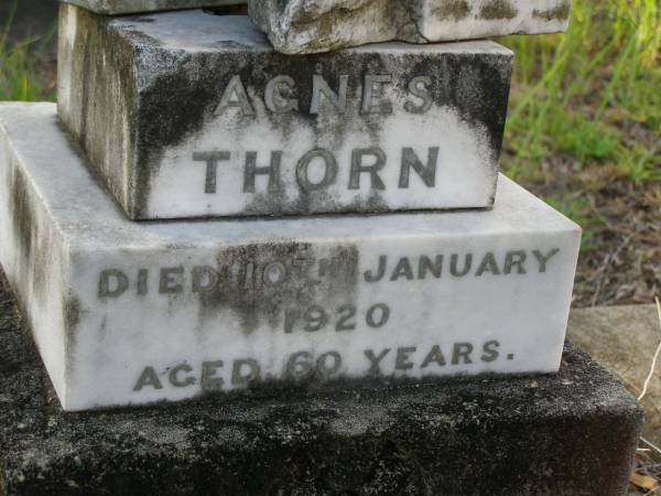 Agnes THORN,  | died 10 Jan 1920 aged 60 years;  | Bald Hills (Sandgate) cemetery, Brisbane  | 
