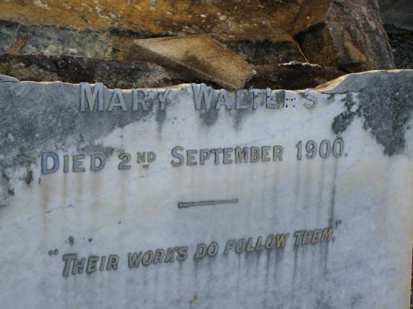 John WALTERS,  | late of R.M.A.,  | father,  | died 16 Oct 1900;  | Mary WALTERS,  | mother,  | died 2 Sept 1900;  | Bald Hills (Sandgate) cemetery, Brisbane  | 