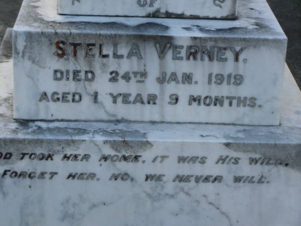 Stella VERNEY,  | died 24 Jan 1919 aged 1 year 9 months;  | William VERNEY,  | husband father,  | died 29 April 1965 aged 85 years 10 months;  | Lily VERNEY,  | wife mother,  | died 1 Feb 1967 aged 79 years;  | Bald Hills (Sandgate) cemetery, Brisbane  | 