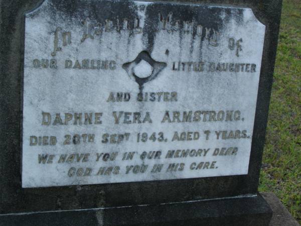 Daphne Vera ARMSTRONG,  | daughter sister,  | died 20 Sept 1943 aged 7 years;  | Bald Hills (Sandgate) cemetery, Brisbane  | 