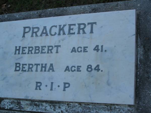 Herbert PRACKERT,  | aged 41 years;  | Bertha PRACKERT,  | aged 84 years;  | Bald Hills (Sandgate) cemetery, Brisbane  | 
