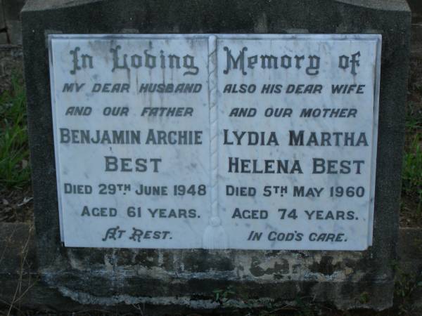 Albert Edward BEST,  | son,  | died 16 May 1930 aged 23 years;  | Roy Norman BEST,  | cousin,  | died 27 July 1934 aged 29 years;  | Benjamin Archie BEST,  | husband father,  | died 29 June 1948 aged 61 years;  | Lydia Martha Helena BEST,  | wife mother,  | died 5 May 1960 aged 74 years;  | Bald Hills (Sandgate) cemetery, Brisbane  | 