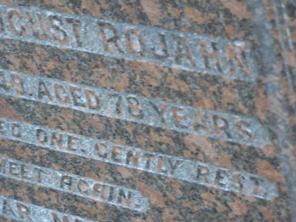 Hermann Carl August ROJAHN,  | died 12 Aug 1949 aged 78 years;  | Bertha ROJAHN,  | died 14 Dec 1960 aged 78 years;  | Elsie Bertha ROJAHN,  | died 21 Sept 1916 aged 5 years;  | George Carl ROJAHN,  | died 22 June 1955 aged 41 years;  | Bald Hills (Sandgate) cemetery, Brisbane  | 