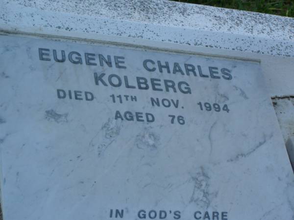 Carl Ludwig ROGHAN,  | died 25 Oct 1920 aged 72 years;  | Lena,  | wife,  | died 24 May 1936 aged 81 years;  | Wilhelmine Marie KOLBERG,  | daughter,  | died 15 Oct 1977 aged 88 years;  | Lena,  | wife,  | died 24 May 1936 aged 81 years;  | Ernest Edward KOLBERG,  | died 8 May 1981 aged 98 years 11 months;  | Eugene Charles KOLBERG,  | died 11 Nov 1994 aged 76 years;  | Bald Hills (Sandgate) cemetery, Brisbane  | 