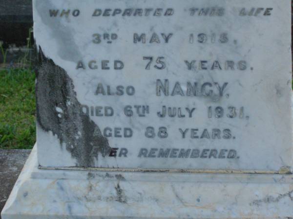 Samuel,  | husband of Nancy SIMPSON,  | died 3 May 1915 aged 75 years;  | Nancy,  | died 6 July 1931 aged 88 years;  | Annie Elizabeth SIMPSON,  | daughter sister,  | died 7 May 1942 aged 71 years;  | Mary Agnes SIMPSON,  | died 18 Aug 1944 aged 73 years;  | Jane SIMPSON,  | died 2 May 1963 aged 88 years;  | Bald Hills (Sandgate) cemetery, Brisbane  | 