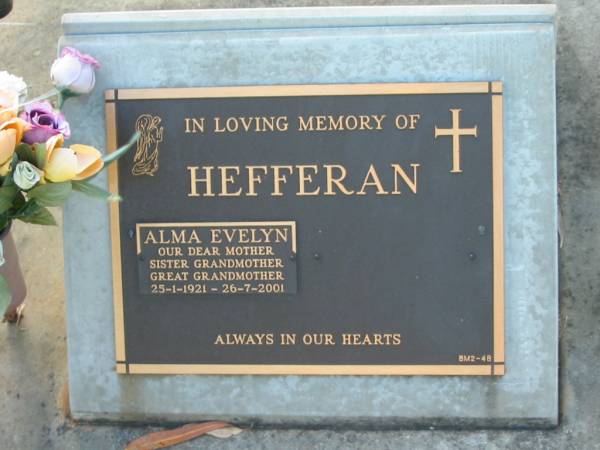 Alma Evelyn HEFFERAN,  | mother sister grandmother great-grandmother,  | 25-1-1921 - 26-7-2001;  | Bald Hills (Sandgate) cemetery, Brisbane  | 