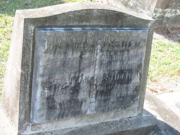 Leonard STILLMAN,  | husband father,  | died 28 Oct 1961 aged 78 years;  | Elizabeth STILLMAN,  | mother,  | died 17 April 1968 aged 74 years;  | Bald Hills (Sandgate) cemetery, Brisbane  | 