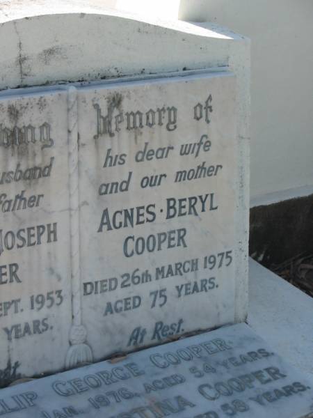 George Joseph COOPER,  | husband father,  | died 15 Sept 1953 aged 53 years;  | Agnes Beryl COOPER,  | wife mother,  | died 26 March 1975 aged 75 years;  | Phillip George COOPER,  | died 22 Jan 1976 aged 54 years;  | Betty Christina COOPER,  | died 19 April 1981 aged 58 years;  | Bald Hills (Sandgate) cemetery, Brisbane  | 