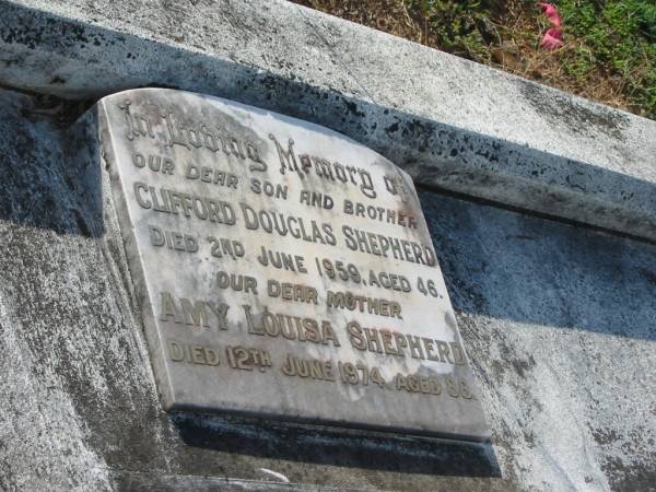 Clifford Douglas SHEPHERD,  | son brother,  | died 2 June 1959 aged 46 years;  | Amy Louisa SHEPHERD,  | mother,  | died 12 June 1974 aged 88 years;  | Thomas Isaac SHEPHERD,  | husband father,  | died 1 Dec 1953 aged 71 years;  | Bald Hills (Sandgate) cemetery, Brisbane  | 