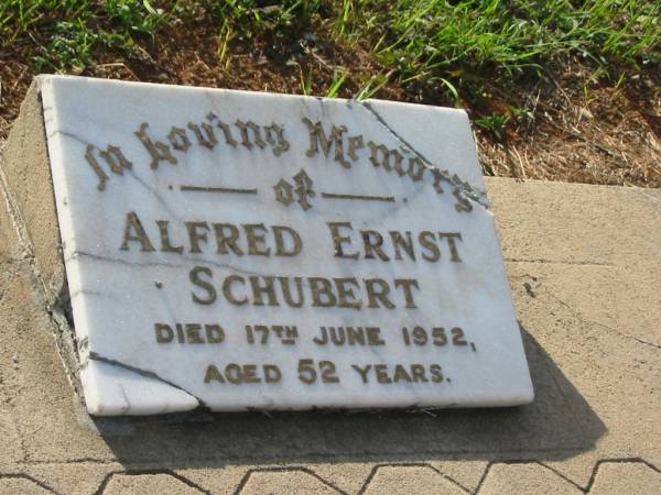 Alfred Ernst SCHUBERT,  | died 17 June 1952 aged 52 years;  | Bald Hills (Sandgate) cemetery, Brisbane  | 