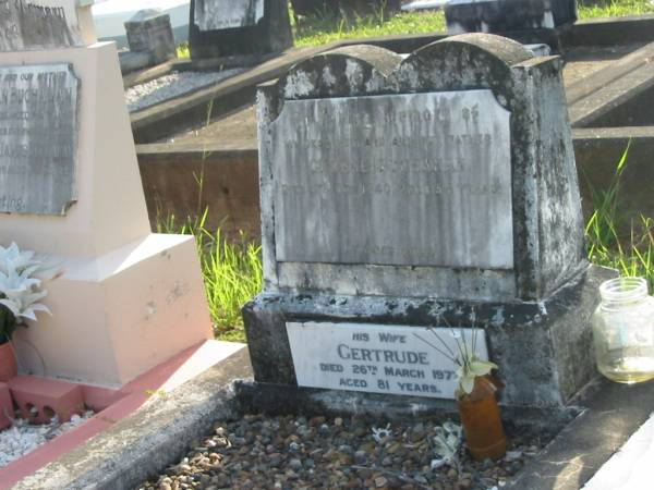 George BUCHANAN,  | husband father,  | died 4 Dec 1940 aged 54 years;  | Gertrude,  | wife,  | died 26 March 1977 aged 81 years;  | Bald Hills (Sandgate) cemetery, Brisbane  | 