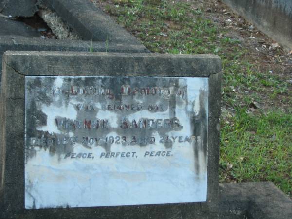 Vernon SANDERS,  | son,  | died 16 Nov 1923 aged 21 years;  | Bald Hills (Sandgate) cemetery, Brisbane  | 