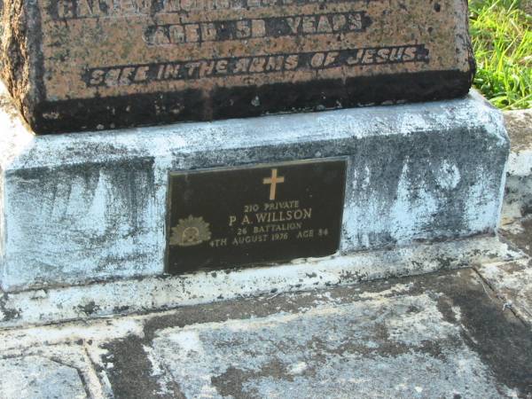 Eric Edwin James WILLSON,  | accidentally drowned 8 Jan 1947 aged 19 years;  | Olive WILLSON,  | died 24 Aug 1958 aged 58 years;  | P.A. WILSON,  | died 4 Aug 1976 aged 84 years;  | Bald Hills (Sandgate) cemetery, Brisbane  | 