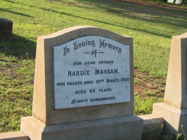Bruce MASSAM,  | son brother,  | died 28 June 1947 aged 22 years 5 months;  | Hardie MASSAM,  | father,  | died 10 March 1964 aged 69 years;  | Elizabeth Maud MASSAM,  | mother,  | died 18 June 1968 aged 72 years;  | Bald Hills (Sandgate) cemetery, Brisbane  | 