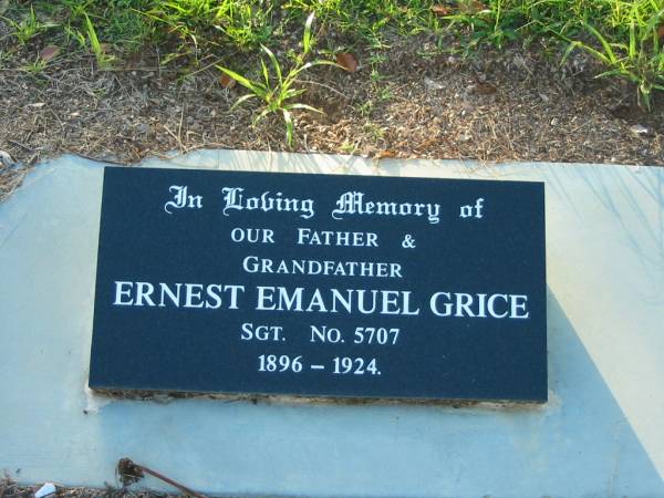 Ernest Emanuel GRICE,  | father grandfather,  | 1896 - 1924;  | Bald Hills (Sandgate) cemetery, Brisbane  | 
