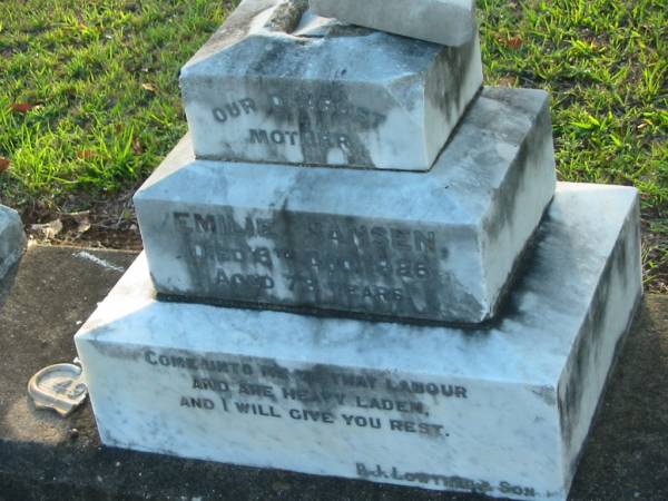 Emilie HANSEN,  | died 6 Aug 1926 aged 79 years;  | Bald Hills (Sandgate) cemetery, Brisbane  | 