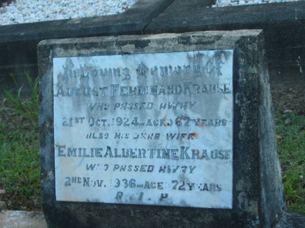August Ferdinand KRAUSE,  | died 21 Oct 1924 aged 67 years;  | Emilie Albertine KRAUSE,  | died 2 Nov 1936 aged 72 years;  | Bald Hills (Sandgate) cemetery, Brisbane  | 