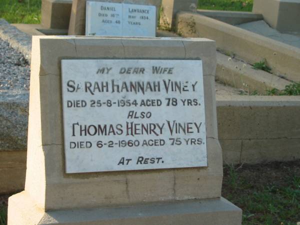 Sarah Hannah VINEY,  | wife,  | died 25-8-1954 aged 78 years;  | Thomas Henry VINEY,  | died 6-2-1960 aged 75 years;  | Bald Hills (Sandgate) cemetery, Brisbane  | 