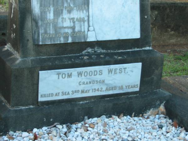 Zillah GARNHAM,  | wife mother,  | died 14 Nov 1939 aged 71 years;  | Tom Woods WEST,  | grandson,  | killed at sea 3 May 1942 aged 18 years;  | Bald Hills (Sandgate) cemetery, Brisbane  | 