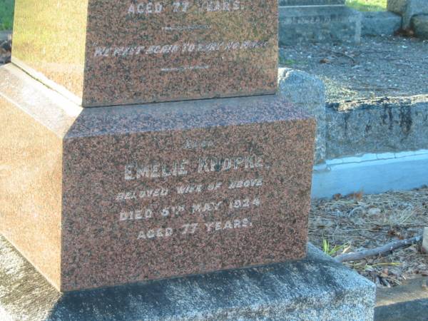 C.A. KNOPKE,  | husband,  | died 12 March 1919 aged 77 years;  | Emelie KNOPKE,  | wife,  | died 5 May 1924 aged 77 years;  | Bald Hills (Sandgate) cemetery, Brisbane  | 