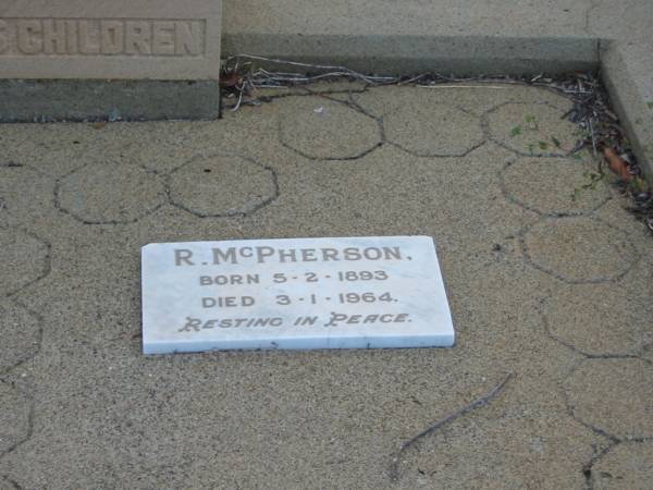 Russell MCPHERSON,  | father,  | died 5 Sept 1933 aged 87 years;  | Annie Graham MCPHERSON,  | mother,  | died 18 April 1942 aged 84 years;  | John & David,  | sons & brothers,  | died serving their country;  | R. MCPHERSON,  | born 5-2-1893,  | died 3-1-1964;  | Bald Hills (Sandgate) cemetery, Brisbane  | 