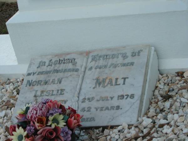 Albert Ernest (Jim) MALT,  | son of John & Lucy MALT,  | brother,  | died 17-4-1991 aged 81 years;  | Charles Frederick (Boy) MALT,  | died 14-6-1992 aged 86 years;  | Francis (Frank) George MALT,  | son of John & Lucy MALT,  | died 9-5-2004 aged 83 years;  | John MALT,  | father,  | died 29 Sept 1947 aged 73 years;  | Florence Lucy MALT,  | mother,  | died 6 March 1955 aged 71 years;  | Norman Leslie MALT,  | husband father,  | died 2 July 1976 aged 42 years;  | William Henry MALT,  | husband father,  | died 18 Jan 1953 aged 45 years;  | Florence Evelyn DUNN,  | daughter of John & Lucy MALT,  | died 16? July 1995 aged 80 years;  | Bald Hills (Sandgate) cemetery, Brisbane  | 