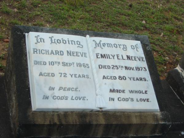 Richard NEEVE,  | died 10 Sept 1965 aged 72 years;  | Emily E.L. NEEVE,  | died 25 Nov 1973 aged 80 years;  | Albert H.E. (Bert) ARMSTRONG,  | son brother,  | died 14 Nov 1950 aged 23 years;  | Bald Hills (Sandgate) cemetery, Brisbane  | 
