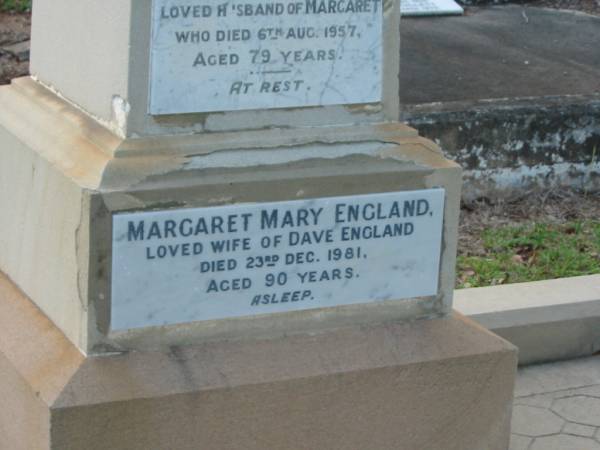 David,  | husband of Jane ENGLAND,  | died 25 Feb 1907 aged 74 years;  | David ENGLAND,  | husband of Margaret,  | died 6 Aug 1957 aged 79 years;  | Margaret Mary ENGLAND,  | wife of Dave ENGLAND,  | died 23 Dec 1981 aged 90 years;  | Bald Hills (Sandgate) cemetery, Brisbane  | 