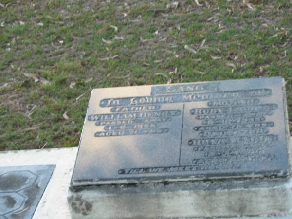 William Henry LANG,  | father,  | died 1? June 1955? aged 71 years;  | Ruby Louisa LANG,  | mother,  | died 8-10-1959 aged 76 years;  | Ruth Marie,  | daughter,  | died 2 July 1970 aged 52 years;  | Bald Hills (Sandgate) cemetery, Brisbane  |   | 