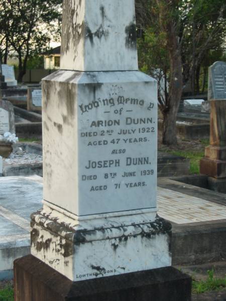 Marion DUNN,  | died 2 July 1922 aged 47 years;  | Joseph DUNN,  | died 8 June 1939 aged 71 years;  | Bald Hills (Sandgate) cemetery, Brisbane  | 