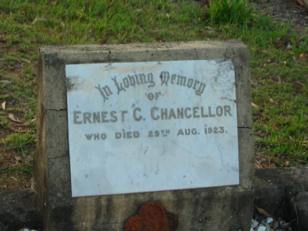 Ernest C. CHANCELLOR,  | died 29 Aug 1923;  | Bald Hills (Sandgate) cemetery, Brisbane  | 