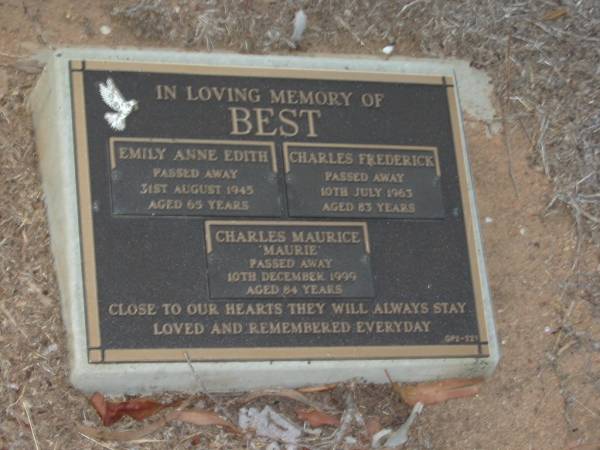 Emily Anne Edith BEST,  | died 31 Aug 1945 aged 65 years;  | Charles Frederick BEST,  | died 10 July 1963 aged 83 years;  | Charles Maurice (Maurie) BEST,  | died 10 Dec 1999 aged 84 years;  | Bald Hills (Sandgate) cemetery, Brisbane  | 