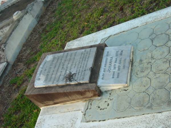 Friend Dyer YERBURY,  | third son of John YERBURY,  | merchant of Bishopsgate St London,  | born 15 June 1850  | died 25 Aug 1922;  | Johanna,  | wife,  | born 26 Mar 1873  | died 29 April 1954;  | Bald Hills (Sandgate) cemetery, Brisbane  | 