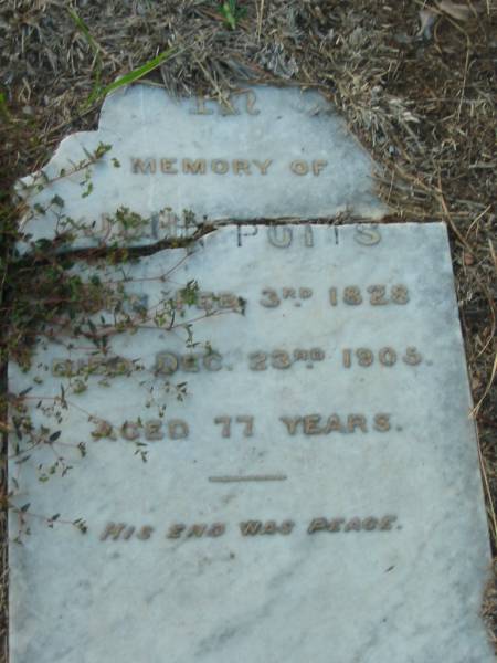 John POTTS,  | born 3 Feb 1828,  | died 23 Dec 1905 aged 77 years;  | Bald Hills (Sandgate) cemetery, Brisbane  | 