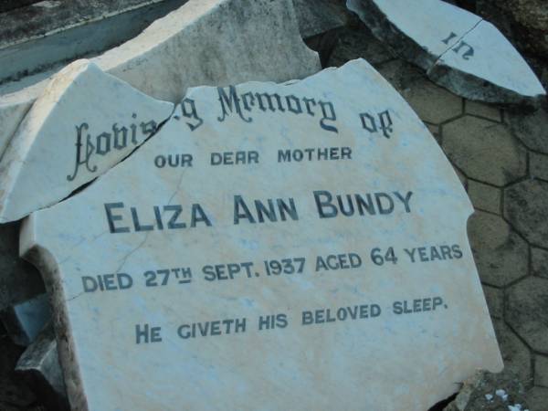 Eliza Ann BUNDY,  | mother,  | died 27 Sept 1937 aged 64 years;  | Mary,  | wife of Samuel UNWIN,  | died 17 July 1917 in 72nd year;  | Samuel UNWIN,  | died 8 Feb 1920 in 74th year;  | Ellen Henrietta,  | wife of late Frank DAY,  | died 9 Jan 1932 aged 44 years;  | Margaret Dothorty,  | wife of David UNWIN,  | died 14 Jan 1915? aged 39 years;  | Elizabeth Virtue UNWIN,  | died 20 June 1949 aged 72 years;  | Bald Hills (Sandgate) cemetery, Brisbane  | 