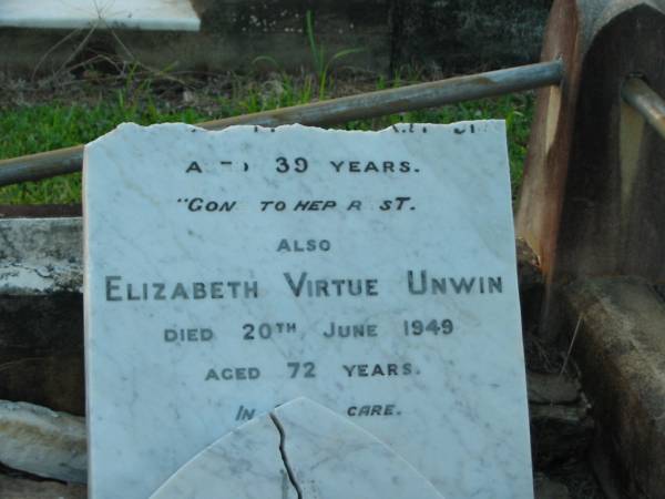 Eliza Ann BUNDY,  | mother,  | died 27 Sept 1937 aged 64 years;  | Mary,  | wife of Samuel UNWIN,  | died 17 July 1917 in 72nd year;  | Samuel UNWIN,  | died 8 Feb 1920 in 74th year;  | Ellen Henrietta,  | wife of late Frank DAY,  | died 9 Jan 1932 aged 44 years;  | Margaret Dothorty,  | wife of David UNWIN,  | died 14 Jan 1915? aged 39 years;  | Elizabeth Virtue UNWIN,  | died 20 June 1949 aged 72 years;  | Bald Hills (Sandgate) cemetery, Brisbane  | 