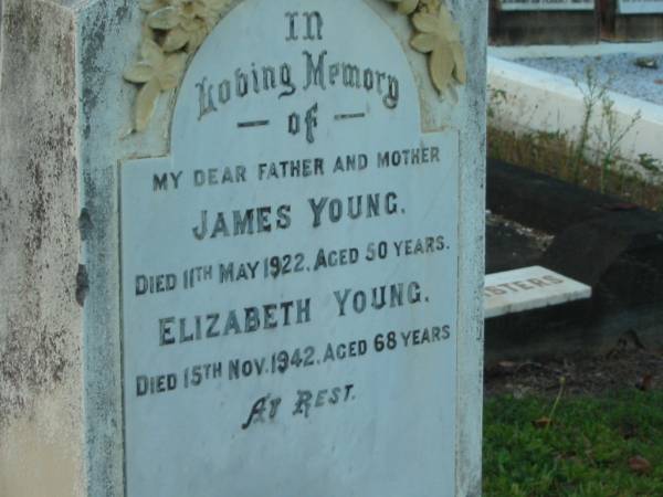 James YOUNG,  | father,  | died 11 May 1922 aged 50 years;  | Elizabeth YOUNG,  | mother,  | died 15 Nov 1942 aged 68 years;  | Mavis Annie PETERS,  | died 17 Oct 1959 aged 56 years;  | Allan George PETERS,  | died 25 June 1966 aged 65 years;  | Bald Hills (Sandgate) cemetery, Brisbane  | 