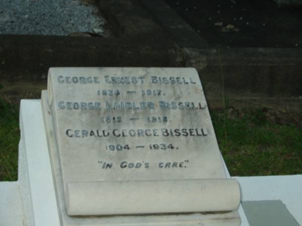 Maurice Lionel BISSELL,  | 1910 - 2000;  | [unnamed] mother,  | died 13 July 1936;  | George Ernest BISSELL,  | 1876 - 1917;  | George Laidler BISSELL,  | 1915 - 1918;  | Gerald George BISSELL,  | 1904 - 1934;  | Enid Dorothy Ellen BOWDEN (nee BISSELL),  | 18-10-1903 - 5-11-2003,  | mum nana;  | Bald Hills (Sandgate) cemetery, Brisbane  | 
