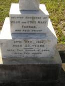 
Lorna,
daughter of Willie & Ethel Mary FARRAR,
died 27 Dec 1932 aged 33 years;
Ethel Mary,
died 18 June 1941 in her 69th year;
Willie,
died 10 May 1948 in his 76th year;
Bald Hills (Sandgate) cemetery, Brisbane
