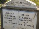 
Albert T. STREAT,
died 1 Aug 1935 aged 11 years;
Helen E. STREAT,
died 7 Dec 1937 aged 46 years;
Bald Hills (Sandgate) cemetery, Brisbane
