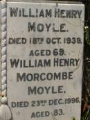 
Bessie Wood MOYLE,
died 27 March 1930 aged 52 years;
Reginald William Edward GRANVILLE,
grandson,
died 5 Dec 1935 aged 5 12 years;
William Henry MOYLE,
died 17 Oct 1939 aged 69 years;
William Henry Morcombe MOYLE,
died 23 Dec 1996 aged 83 years;
Bald Hills (Sandgate) cemetery, Brisbane
