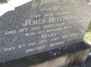 
James HUTCHISON,
husband,
died 19 Jan 1930 aged 77 years;
Mary,
wife,
died 5 Dec 1941 aged 88 years;
parents;
James HUTCHISON,
1880 - 1970;
Mabel Violet HUTCHISON,
1882 - 1971;
Bald Hills (Sandgate) cemetery, Brisbane
