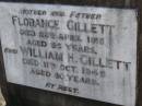 
Florance GILLETT,
mother,
died 28 April 1918 aged 56 years;
William H. GILLETT,
father,
died 11 Oct 1945 aged 80 years;
Bald Hills (Sandgate) cemetery, Brisbane
