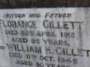 
Florance GILLETT,
mother,
died 28 April 1918 aged 56 years;
William H. GILLETT,
father,
died 11 Oct 1945 aged 80 years;
Bald Hills (Sandgate) cemetery, Brisbane
