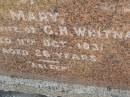 
Mary,
wife of G.H. WHITNALL,
died 11 Oct 1931 aged 26 years;
Bald Hills (Sandgate) cemetery, Brisbane
