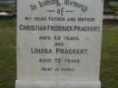 
Christian Frederick PRACKERT,
father,
aged 62 years;
Louisa PRACKERT,
mother,
died 72 years;
Bald Hills (Sandgate) cemetery, Brisbane
