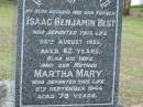 
Isaac Benjamin BEST,
husband father,
died 26 Aug 1925 aged 62 years;
Martha Mary,
wife mother,
died 8 Sept 1944 aged 78 years;
Bald Hills (Sandgate) cemetery, Brisbane
