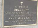 
Mina GRAY,
died 26-4-1936 aged 82 years;
Anna Mary GRAY,
daughter,
died 17-8-1964 aged 89 years;
Bald Hills (Sandgate) cemetery, Brisbane
