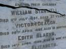 
Frank RAYMOND,
died 12 Aug 1891 aged 46 years;
Elizabeth,
wife,
died 22 Feb 1908 aged 59 years;
children;
William Stanwell,
died 11 July 1897 aged 27 years;
Victor Deagon,
died 26 April 1882 aged 18 months;
Edith Gladys,
died 14 April 1886 aged 18 months;
Elizabeth,
relict of William RAYMOND,
of Weston Dorset England,
mother of Frank RAYMOND,
born 23 April 1823,
died 23 Aug 1914?;
Millicent RAYMOND,
died 2 July 1931 aged 63 years;
Catherine Ann,
wife of William GIRLING,
died 14 Nov 1865 aged 21 years;
Mary Smith DEAGON,
died 27 Nov 1866 aged 20 years;
Bald Hills (Sandgate) cemetery, Brisbane

